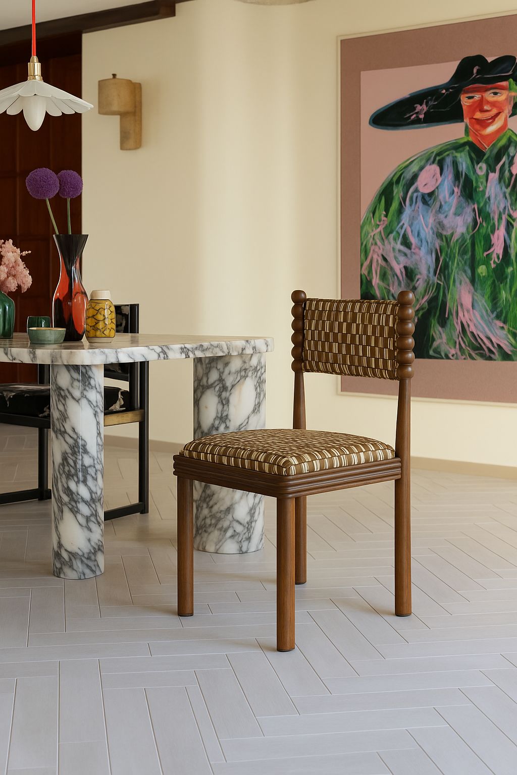 Postmodern Ball-Turned Solid Wood Dining Chair, Mid-Century Accent Side Chair with Patterned Upholstered Seat for  Dining Room, Living Room, Kitchen & Bedroom, Set of 2