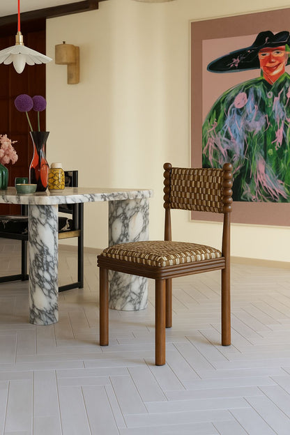 Postmodern Ball-Turned Solid Wood Dining Chair, Mid-Century Accent Side Chair with Patterned Upholstered Seat for  Dining Room, Living Room, Kitchen & Bedroom, Set of 2