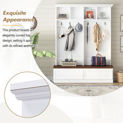 Farmhouse 4-in-1 Hall Tree with Wood Grain Bench, Mudroom Versatile Coat Rack with 2 Large Drawer, Entrance Organizer, White, 55.9" W
