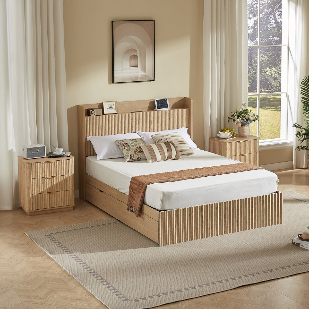 Queen Size Platform Bed Frame with 4 Storage Drawers and Built-in Charging Station, Wooden Storage Box Bed, Large Capacity Organizer Bed Frame for Bedroom,Natural