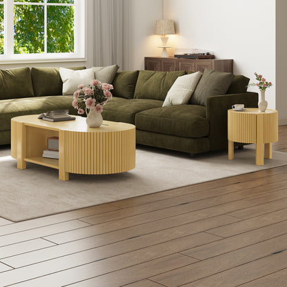 Round Fluted Side Table with Storage for Living Room, Rubber Solid Wood, Soft-close Door, Natural, 19.6"