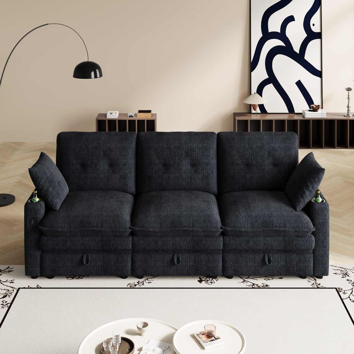 89-inch three-person cloud sofa with storage, armrests featuring hidden tabletop and USB ports, and armrests with storage function. High-quality cashmere three-person sofa. Suitable for living rooms,