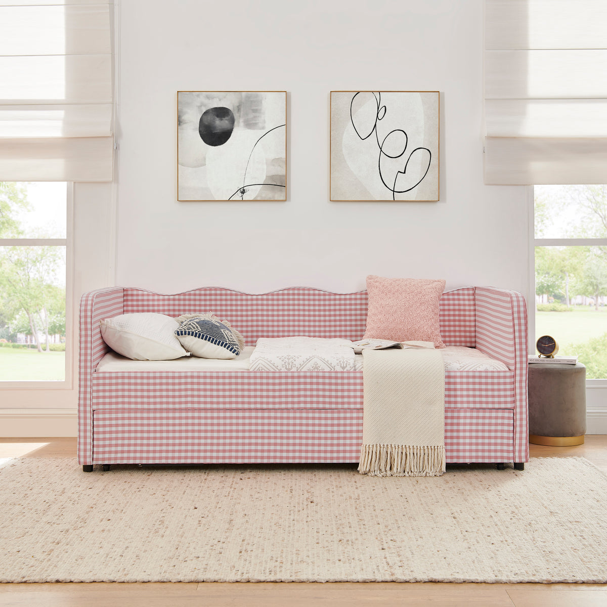 Twin‑Size Daybed, Gingham Upholstered 3‑in‑1 Versatile Convertible Sofa Bed with Pull‑Out Trundle & Side Storage Pockets, Ideal for Multiple Room Layouts and Small‑Space Living-Pink