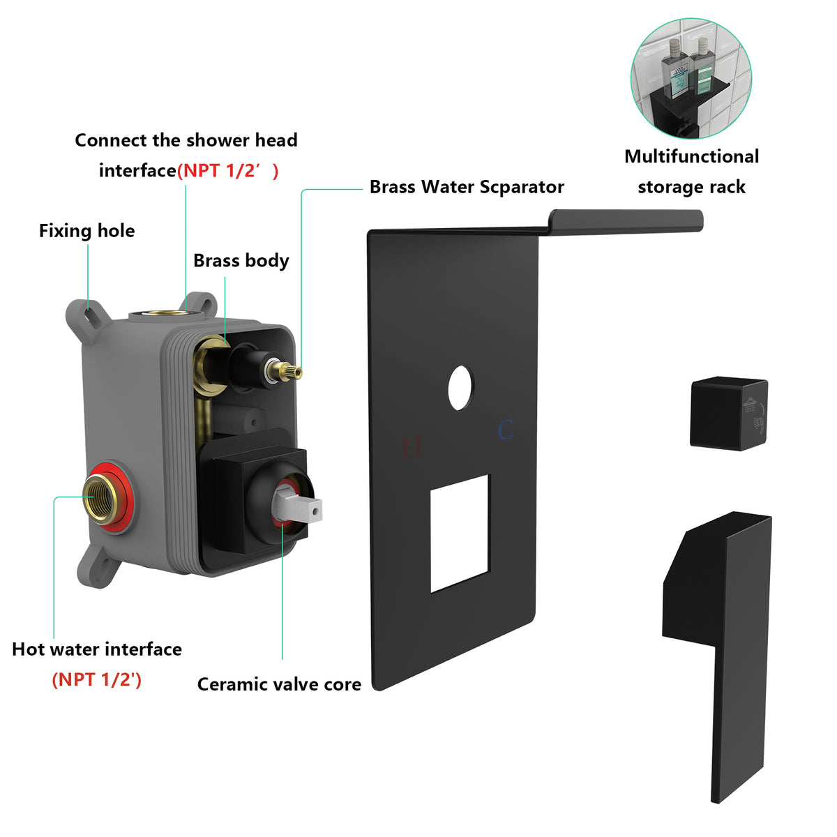 Rainfall Shower System With Storage Rack 10 inch Shower Faucet Set Matte Black with High Pressure with Square Shower Head Luxury Shower Set