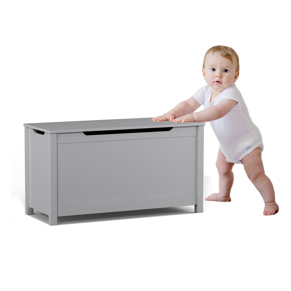 Kids Wooden Toy Box Storage with Safety Hinged Lid in Gray MDF for Ages 2+