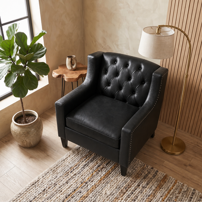 Black Faux PU Leather Accent Chair, Mid-Century Tufted Armchair with Nailhead Trim, Equipped with High Resilience Sponge Cushion & Solid Wood Legs, Comfortable Single Sofa for Living Room, Bedroom