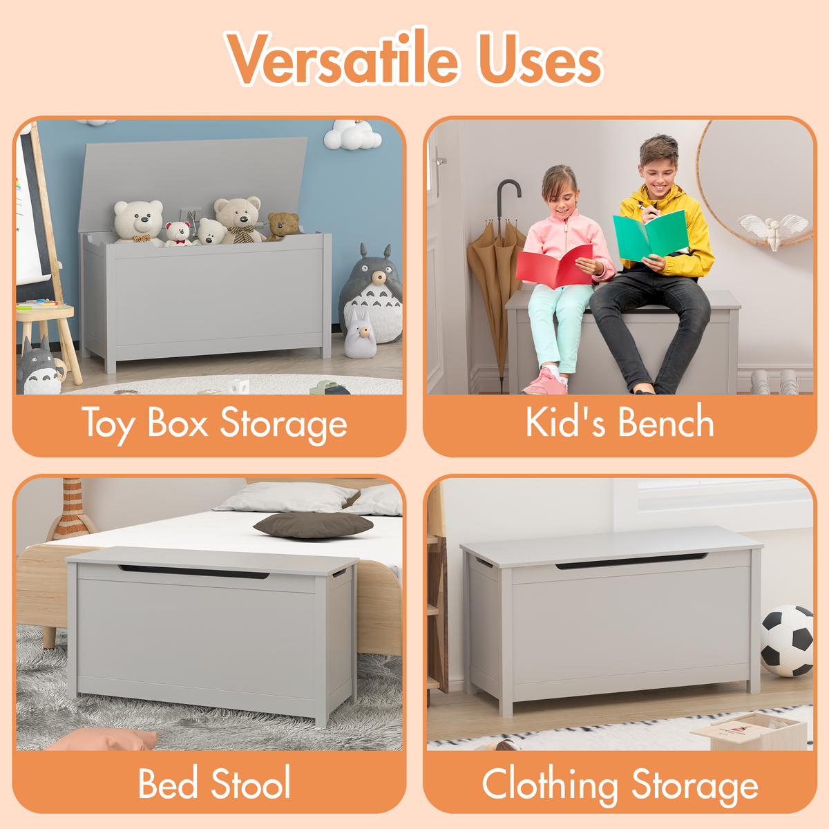 Kids Wooden Toy Box Storage with Safety Hinged Lid in Gray MDF for Ages 2+