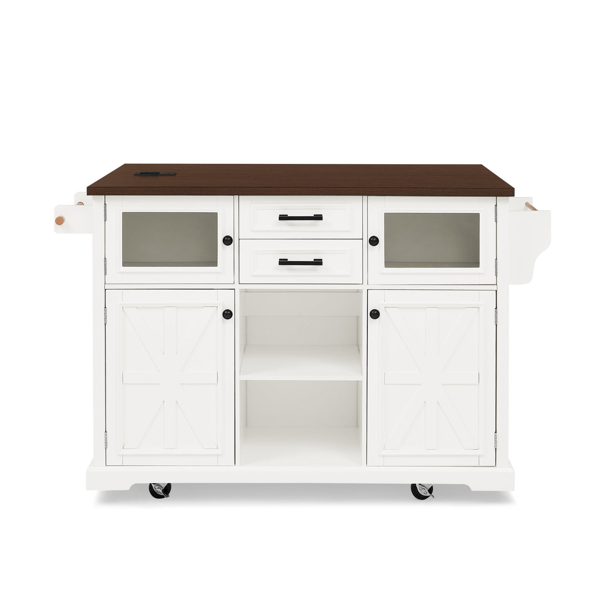 47.2" Kitchen Island with Drop Leaf, Power Outlet, Rolling Kitchen Storage Cart on 4 Wheels with 4 Door Shelves, Cross Barn Doors & Visual Glass Door for Kitchen,White