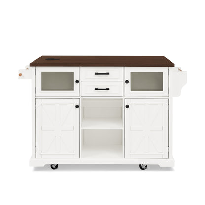 47.2" Kitchen Island with Drop Leaf, Power Outlet, Rolling Kitchen Storage Cart on 4 Wheels with 4 Door Shelves, Cross Barn Doors & Visual Glass Door for Kitchen,White