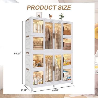 Portable Wardrobe Closet Storage Organizer for Clothes with Magnetic Doors, 12 Cubes & 2 Hanging Rods, White