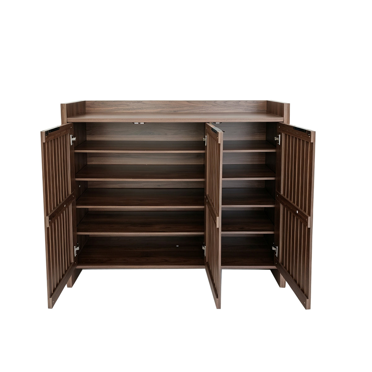 Walnut Entryway Shoe Storage Cabinet with Slatted Doors, Modern Wooden Hallway Console Table with Top Display Shelf, Mid-Century Accent Chest for Foyer, Living Room, and Mudroom Organization