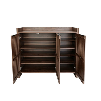 Walnut Entryway Shoe Storage Cabinet with Slatted Doors, Modern Wooden Hallway Console Table with Top Display Shelf, Mid-Century Accent Chest for Foyer, Living Room, and Mudroom Organization