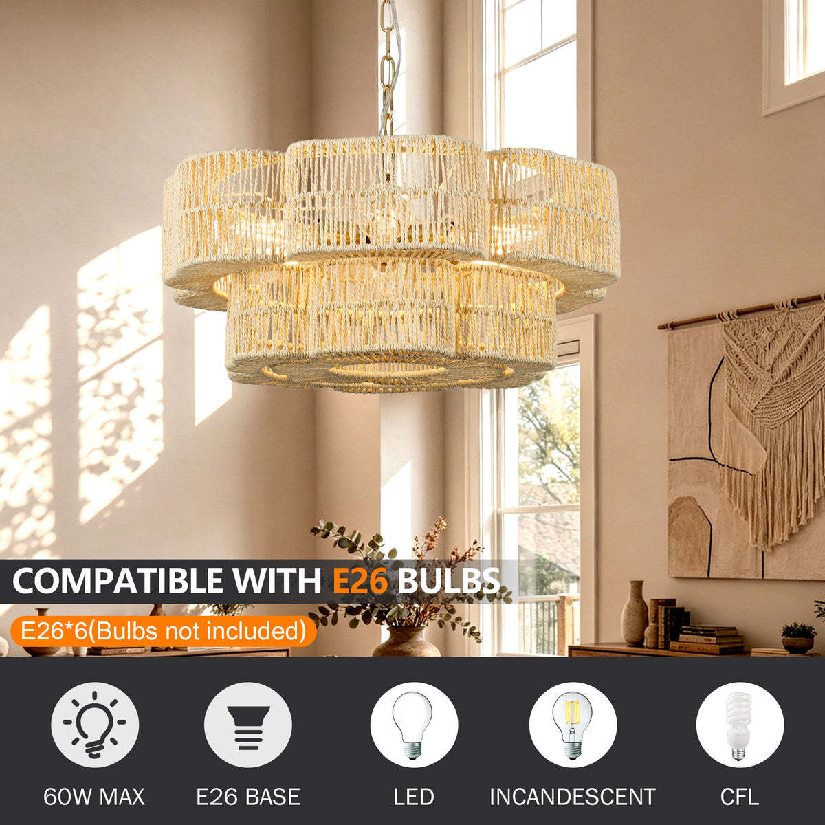 21.65" 2-Tier Gold Paper Rope Chandelier, 6xE26 Max 60W Pendant Light with Adjustable Hanging Chain