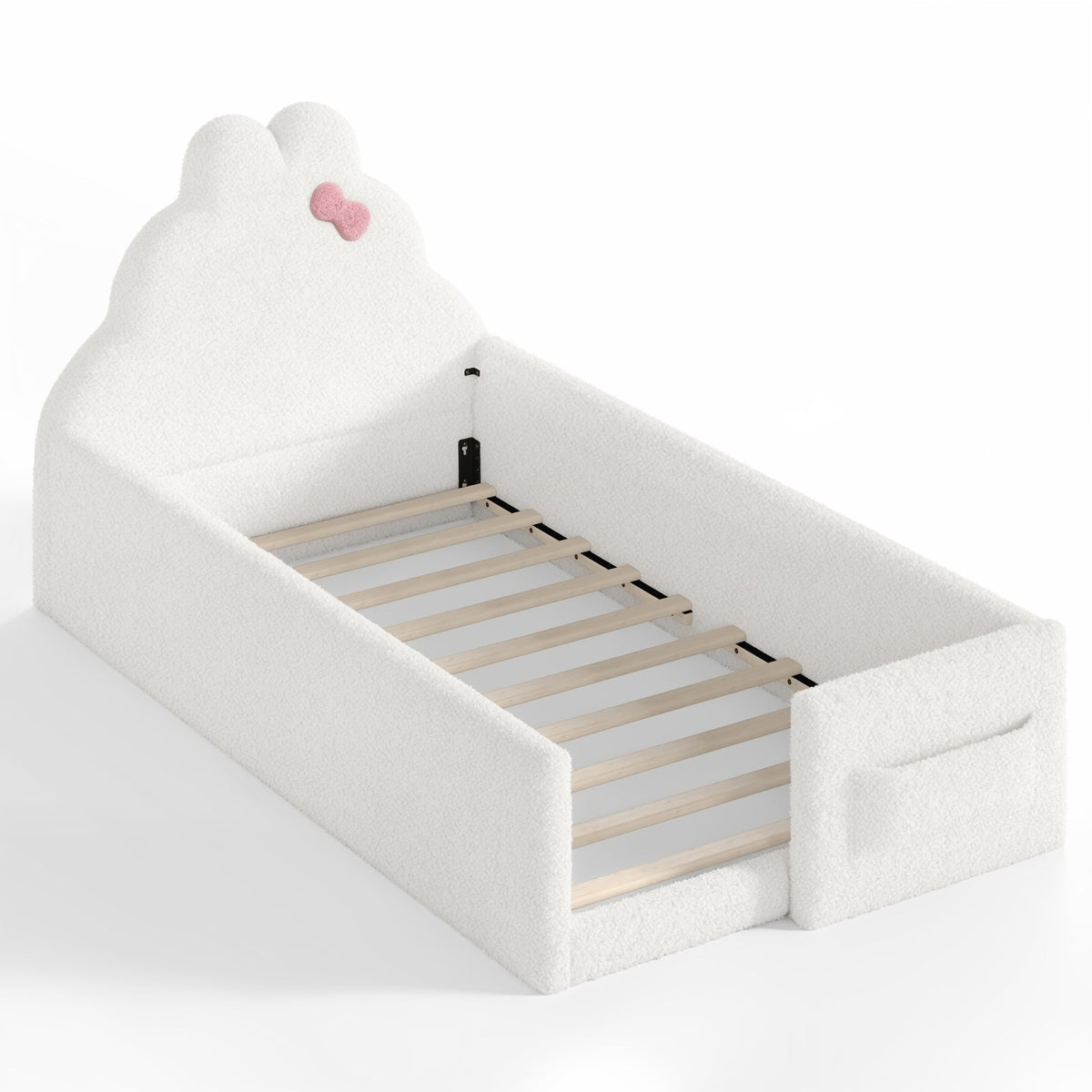 Twin Size Upholstered Floor bed, LowtoGround floor bed, Soft Padded Upholstered Kids bed, Safe Children Bed Frame with Side Storage Pocket for Kids.White