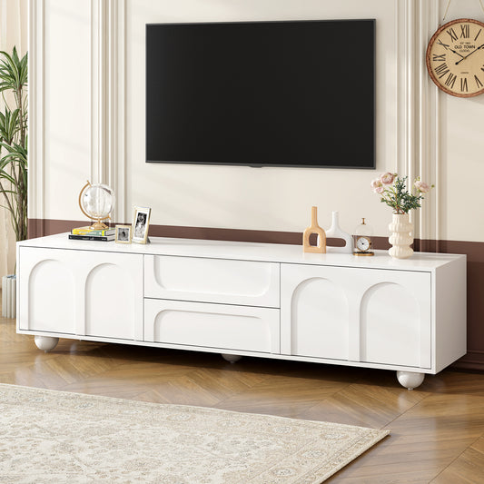 ON-TREND Cream Style TV Stand with Arched Doors & 2 Drawers for TVs up to 75", Minimalist Media Console with Rebound Device – White