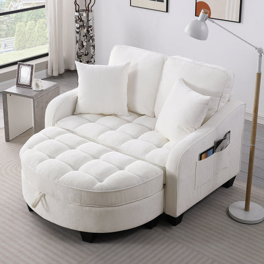 Two-seater sofa, double sofa chaise longue, with irregular armrests and backrests, footrest with storage space – Beige