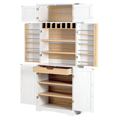 K&K 78.2" Tall Farmhouse Kitchen Pantry Cabinet with 8 Door Shelves, Storage Cabinet with 4 Adjustable Shelves, Hidden Drawer, Wine Rack