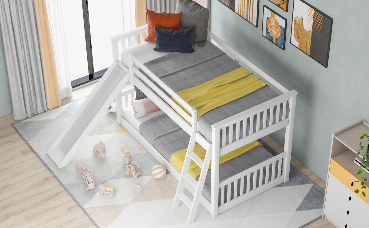 White Twin over Twin Bunk Bed with Convertible Slide and Ladder, Pine Wood, 79.1''L x 42.1''W x 49.4''H