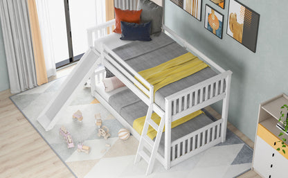 White Twin over Twin Bunk Bed with Convertible Slide and Ladder, Pine Wood, 79.1''L x 42.1''W x 49.4''H