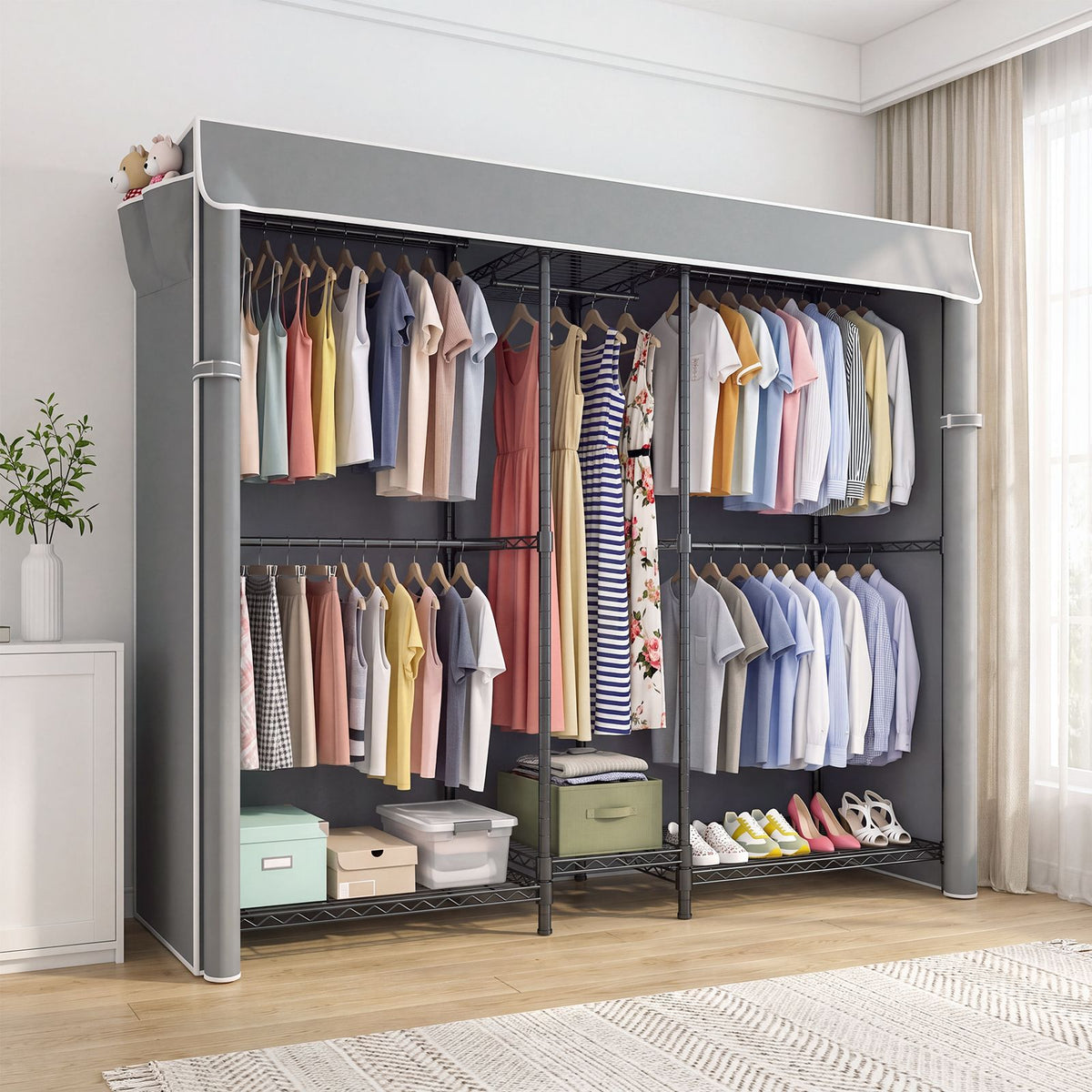 Heavy Duty Closet Organizer System, Freestanding Clothing Rack with Shelves, Adjustable Garment Rack with Grey Cover & Side Pocket, Portable Closets for Hanging Clothes, 72.8''×17.7''D×76.77''H, Black