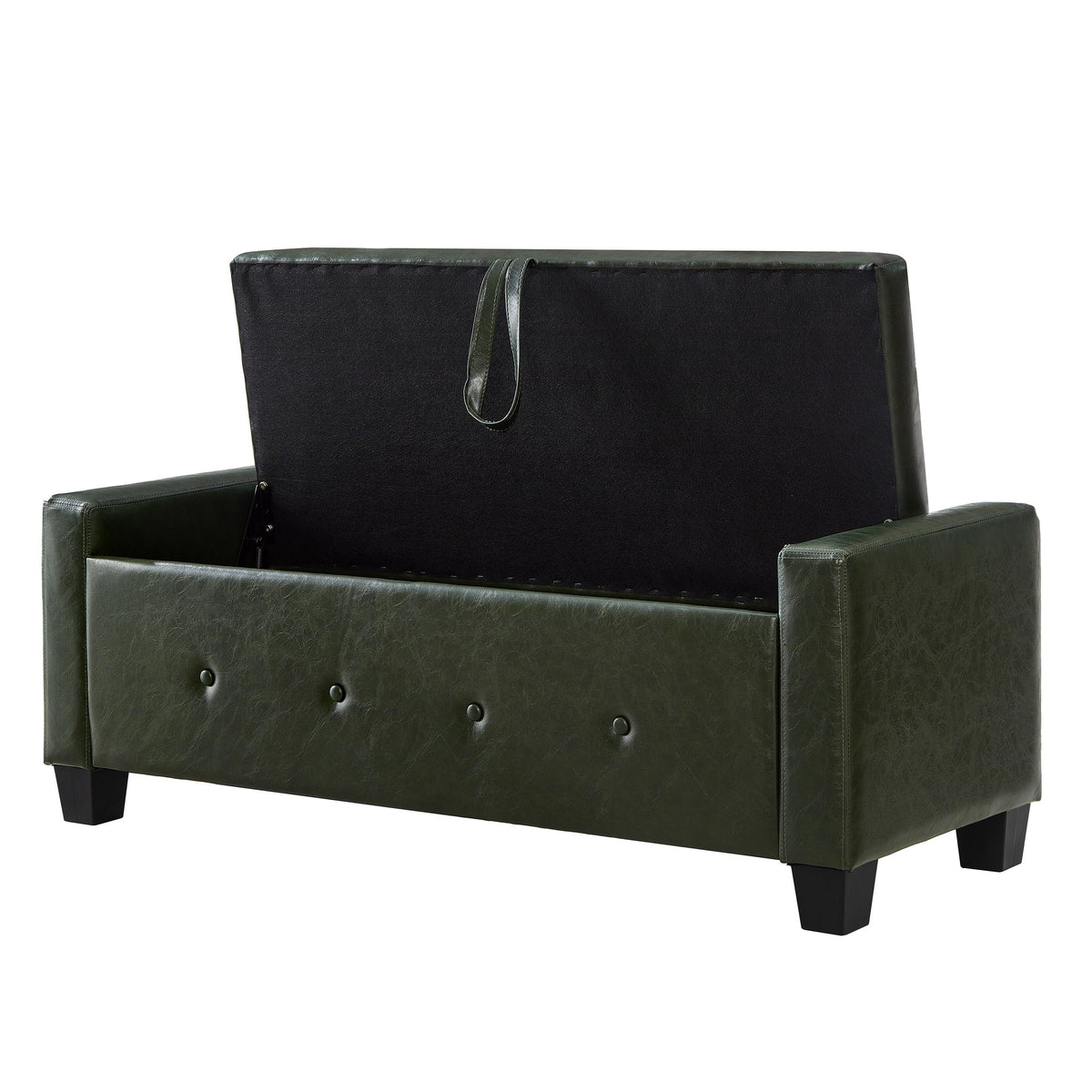 48" Ottoman Bench with Storage, Upholstered Tufted Faux Leather PU Ottoman Dark Green