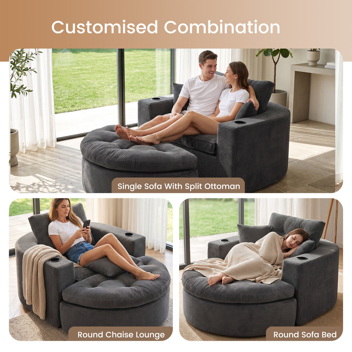 Oversized Dark Gray Round Chaise Lounge Sofa, Upholstered Lounge Chair with 3 Pillows, Boneless Sofa Couch with Ottoman, Deep Seat Chair for Living Room, Bedroom, No Assembly