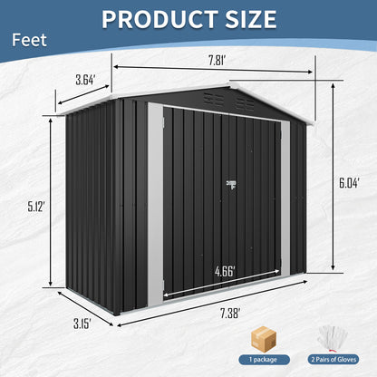 8ft x 4ft Outdoor Metal Storage Shed with Lockable Latch, Black(7.81*3.64 FT)