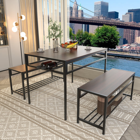 Industrial 3-Piece Dining Table Set with 2 Benches, Rectangular Wood Grain Kitchen Table with Built-in Wine Storage Rack, Space Saving Dinner Furniture for Small Apartment Home