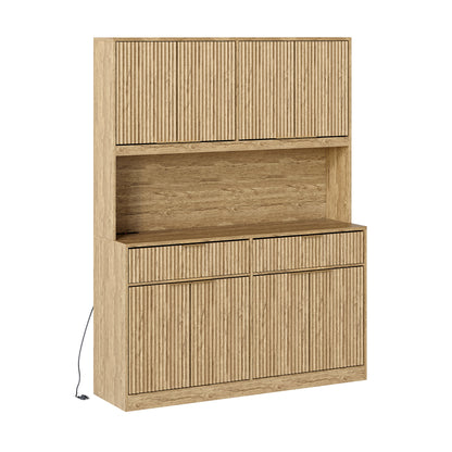 71" Tall Kitchen Pantry Cabinet with Power Outlet, Hollow Open Countertop, Modern Multi-Functional Storage Hutch Cabinet for Dining Room, Entryway and Living Room,Natural