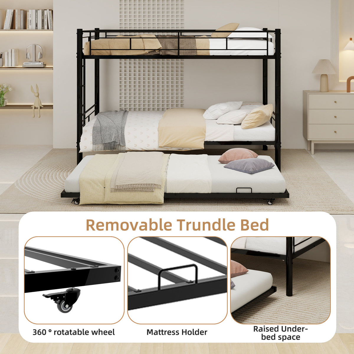 Heavy-duty Sturdy Metal Twin over Twin Bunk Bed with Noise Reduction, Safety Guardrail, No Box Spring Needed, Black