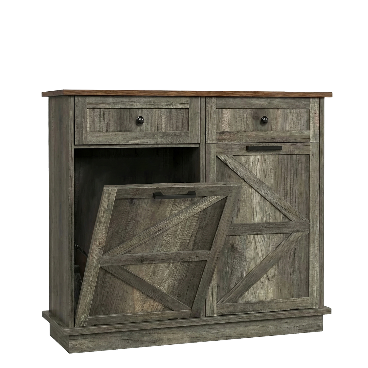 Tilt Out Trash Can Cabinet for Kitchen, Double 10-Gallon Hidden Trash Cabinet with Drawer, Farmhouse Wooden Garbage Cabinet, Dog Proof Trash Can Storage for Kitchen Laundry Living Room Office