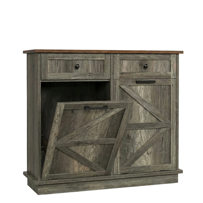 Tilt Out Trash Can Cabinet for Kitchen, Double 10-Gallon Hidden Trash Cabinet with Drawer, Farmhouse Wooden Garbage Cabinet, Dog Proof Trash Can Storage for Kitchen Laundry Living Room Office