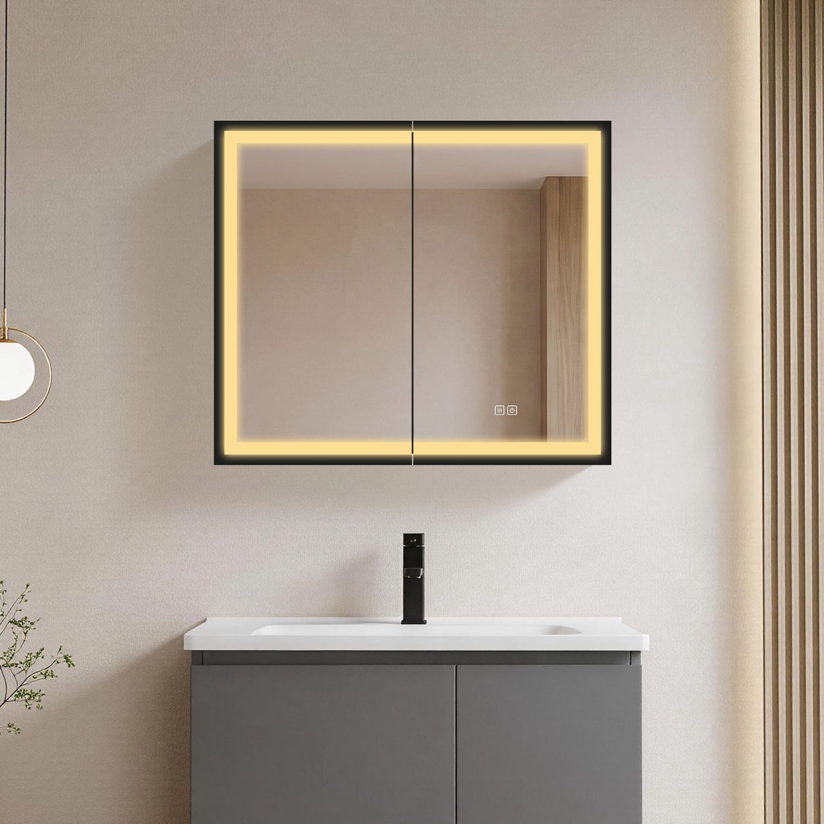 30*26 inch Black Metal Framed Wall mount LED Bathroom Medicine Cabinet with Mirror