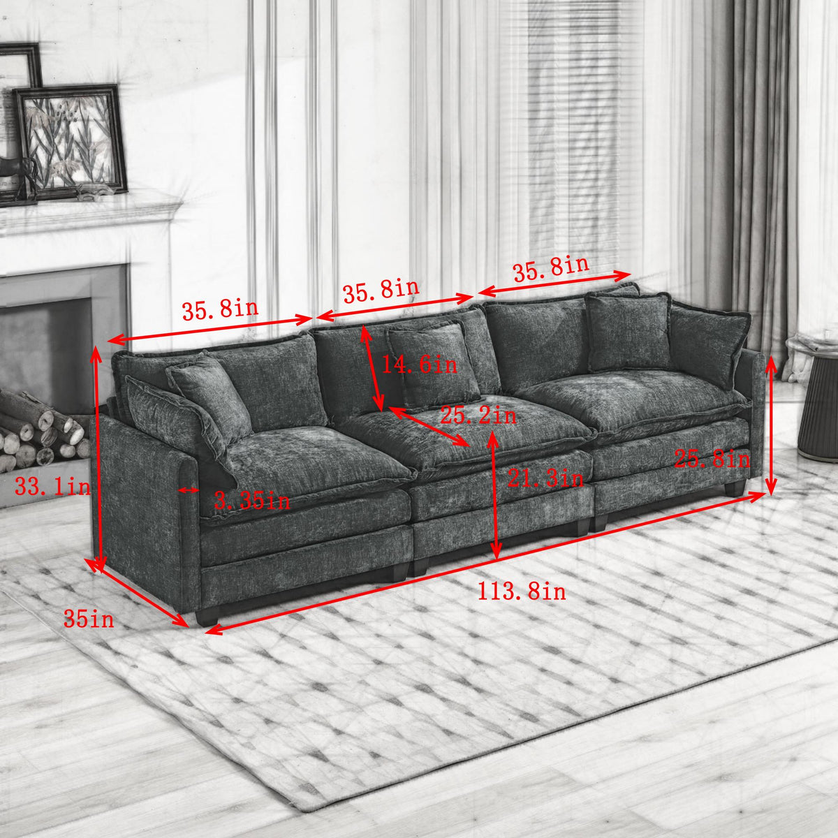 Cloud Sofa 3 Seats (Ottoman is not included), Modern Sectional Couch, Comfy Double Layer Upholstered Seat Cushion – Black
