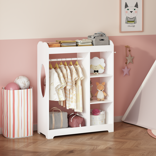 Kids Dress Up Storage with Mirror and Hooks, Wooden Dress Up Clothes Rack with Hanging Rod, 3 Side Hooks, Storage Shelves and Top Shelf, Toddler Costume Organizer for Playroom Bedroom Nursery – White