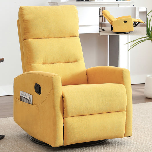 Manual Recliner Chair with Rocker and Swivel in Fabric, Yellow