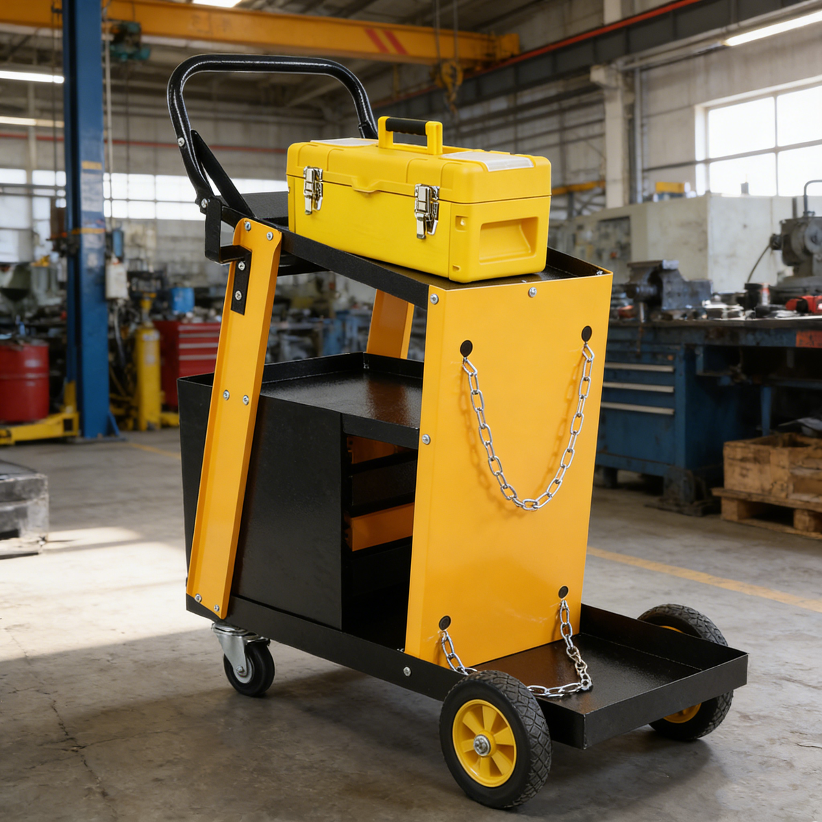 Multi-function welder trolley, MIG TIG ARC plasma cutter storage tank with 2 safety chains, portable 4-drawer chest, weight 280 LBS