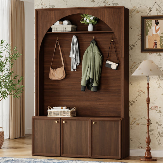 ON-TREND Farmhouse All-in-One Hall Tree with Adjustable Shelves, Retro Arched Entryway Storage Bench with 3 Cabinets, Wooden Coat Rack Organizer with 4 Golden Hooks for Mudroom, Hallway, Walnut