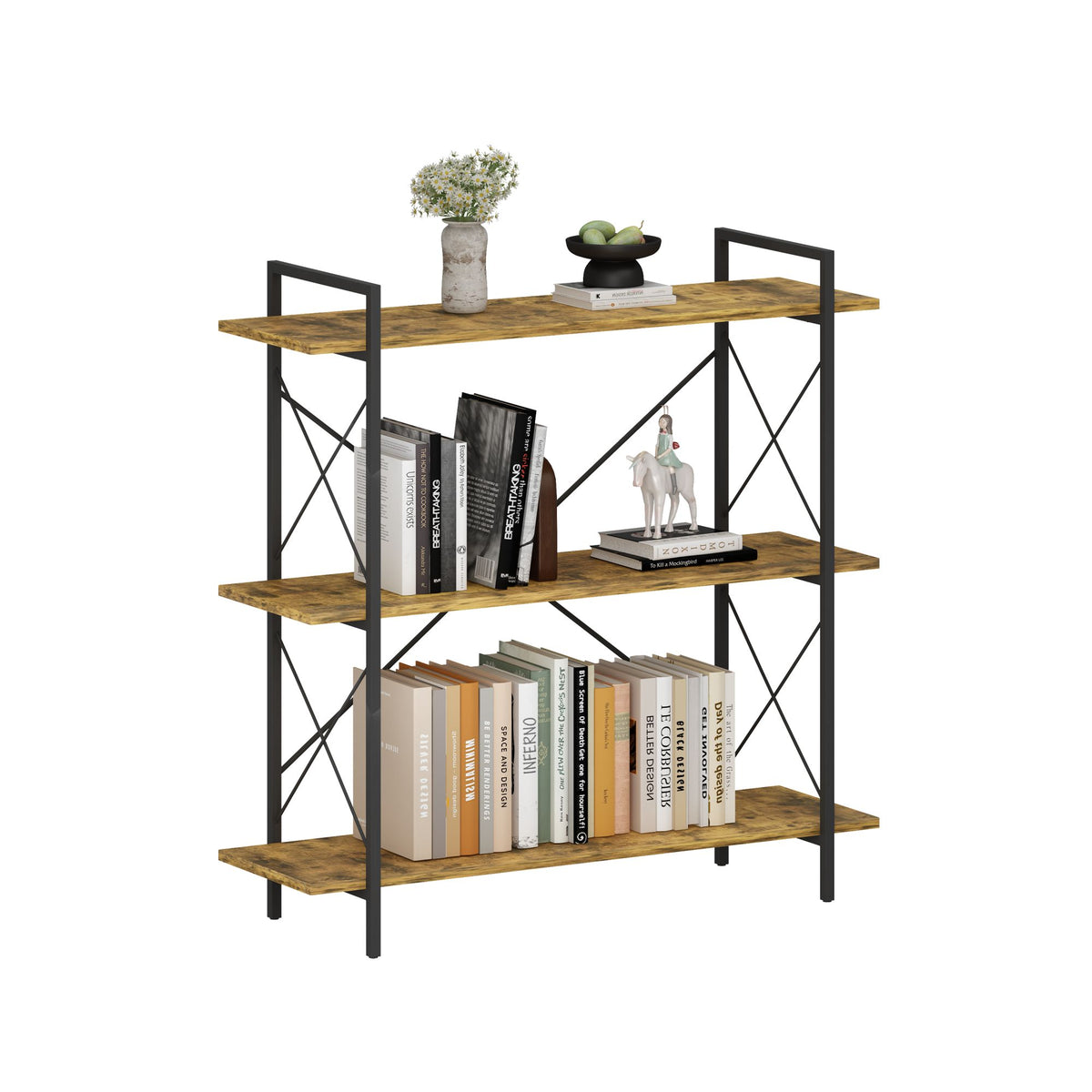 3-Tier Bookshelf, Horizontal Bookcase with Open Storage Shelves, Rustic Industrial Plant Stand, Wood & Metal Shelf for Living Room, Bedroom & Home Office (Rustic Brown)
