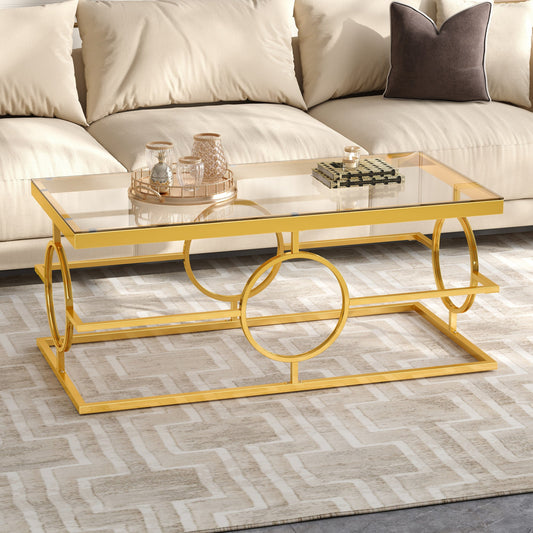 Modern Luxury Glass Coffee Table with Gold Metal Frame, Rectangular Cocktail Table with Geometric Circle Base, Glam Center Table for Living Room