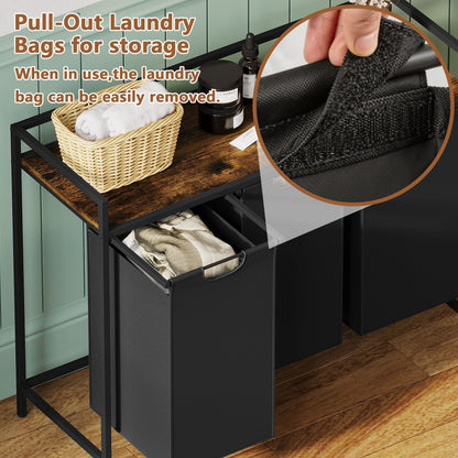 Laundry Hamper with Shelf, 3-Bin Laundry Sorter with Wood Top, Double Hamper with Removable Fabric Bags, Metal Frame, Freestanding Clothes Organizer for Bedroom, Bathroom, or Laundry Room