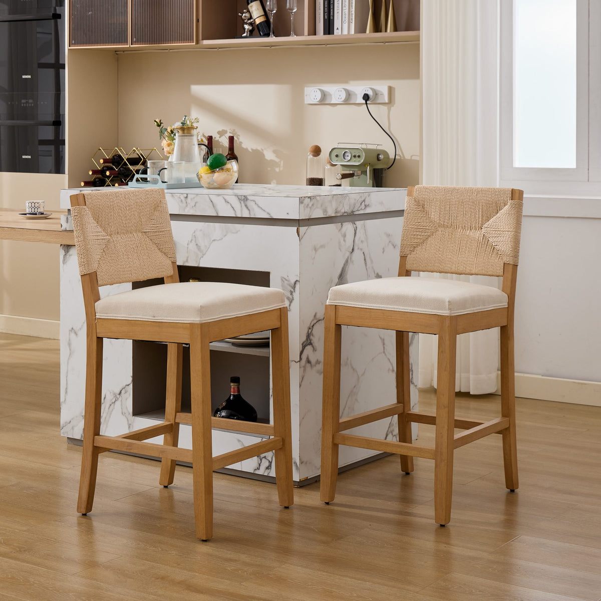 Hand‑Woven Rattan Counter Height Bar Stools Set of 2, 27 Inch Seat Height, Linen Upholstered Barstools with S‑Spring & High‑Density Sponge Cushion, Solid Wood Frame for Kitchen Island,SW1872MT