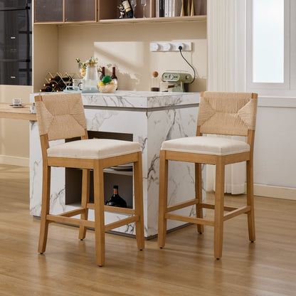 Hand‑Woven Rattan Counter Height Bar Stools Set of 2, 27 Inch Seat Height, Linen Upholstered Barstools with S‑Spring & High‑Density Sponge Cushion, Solid Wood Frame for Kitchen Island,SW1872MT