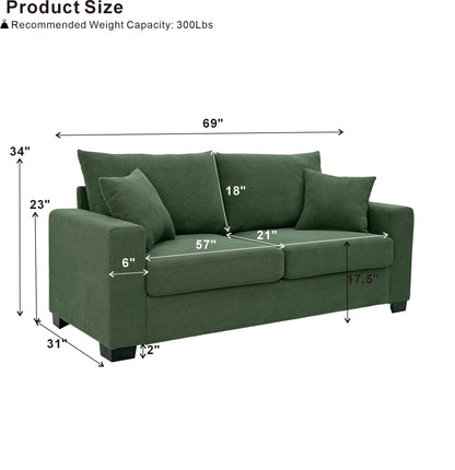 69-inch two-seater  Sofa with Textured Fabric, Comfortable Upholstered Couch with 2 Throw Pillows and Sturdy Plastic Legs for Living Room, Apartment, Office,  Dark Green