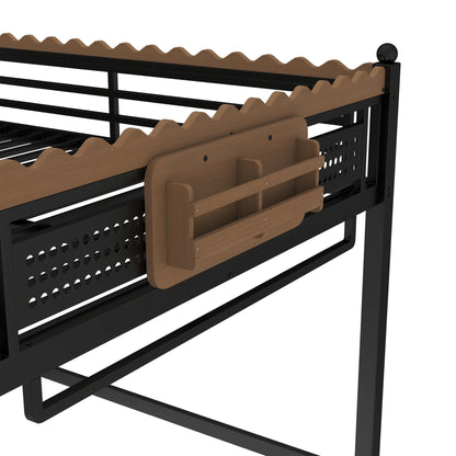 Queen Size Loft Bed with Ladders, Metal Loft Bed with Storage Shelves and bookshelf, No Box Spring Needed and Chic Design, Black