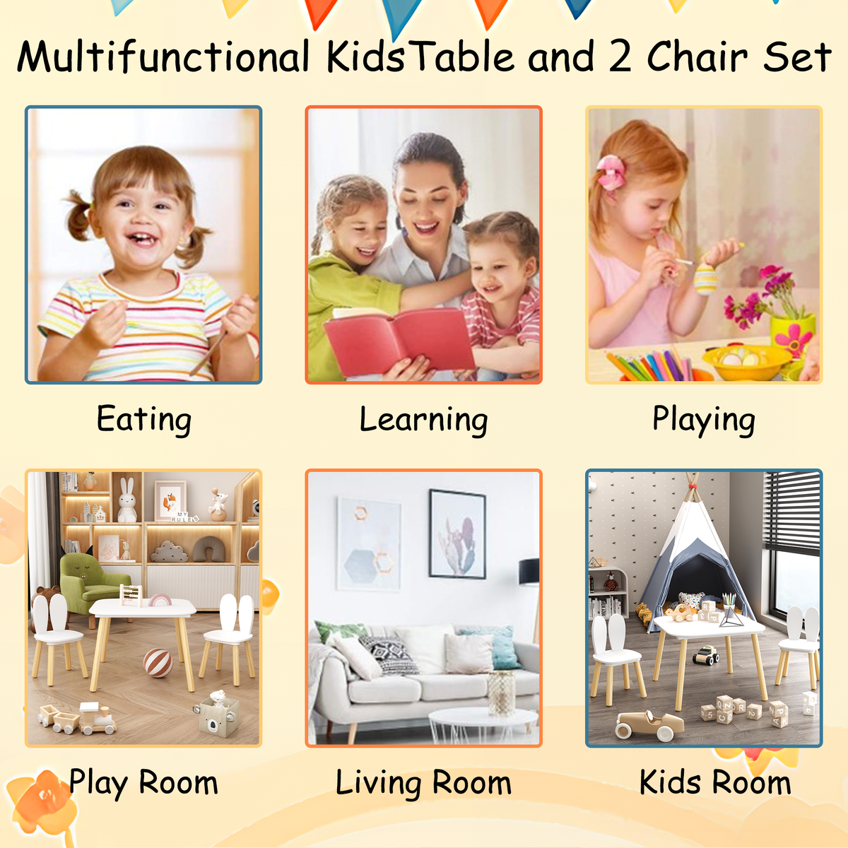 Rabbit Themed Kids Table and 2 Chairs Set, White Solid Wood & MDF Play Table with Rounded Edges