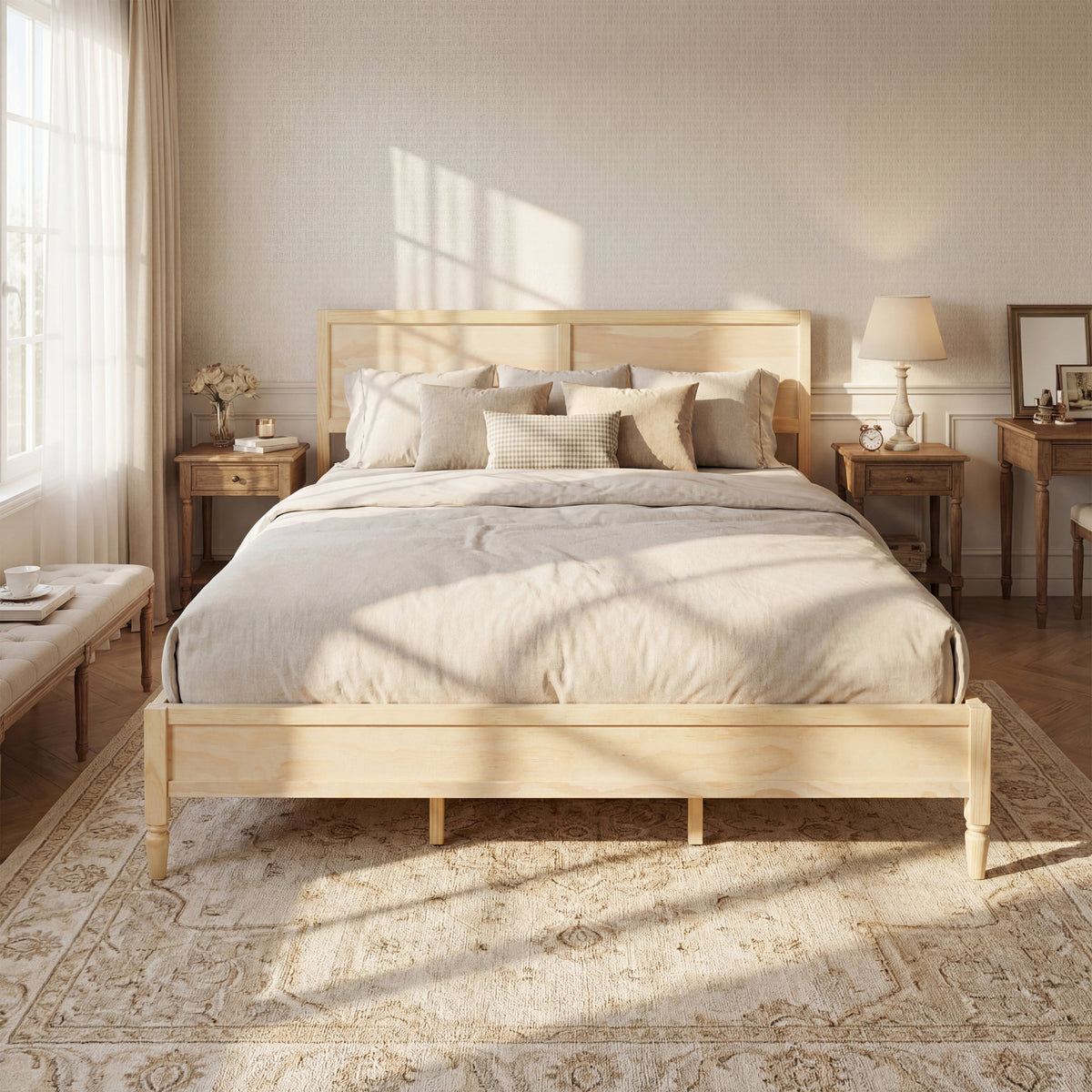 King Size Wood Platform Bed Frame with Classic Panel Headboard, Natural Finish, Solid Wood and MDF Construction, 10 Wooden Slats, No Box Spring Needed