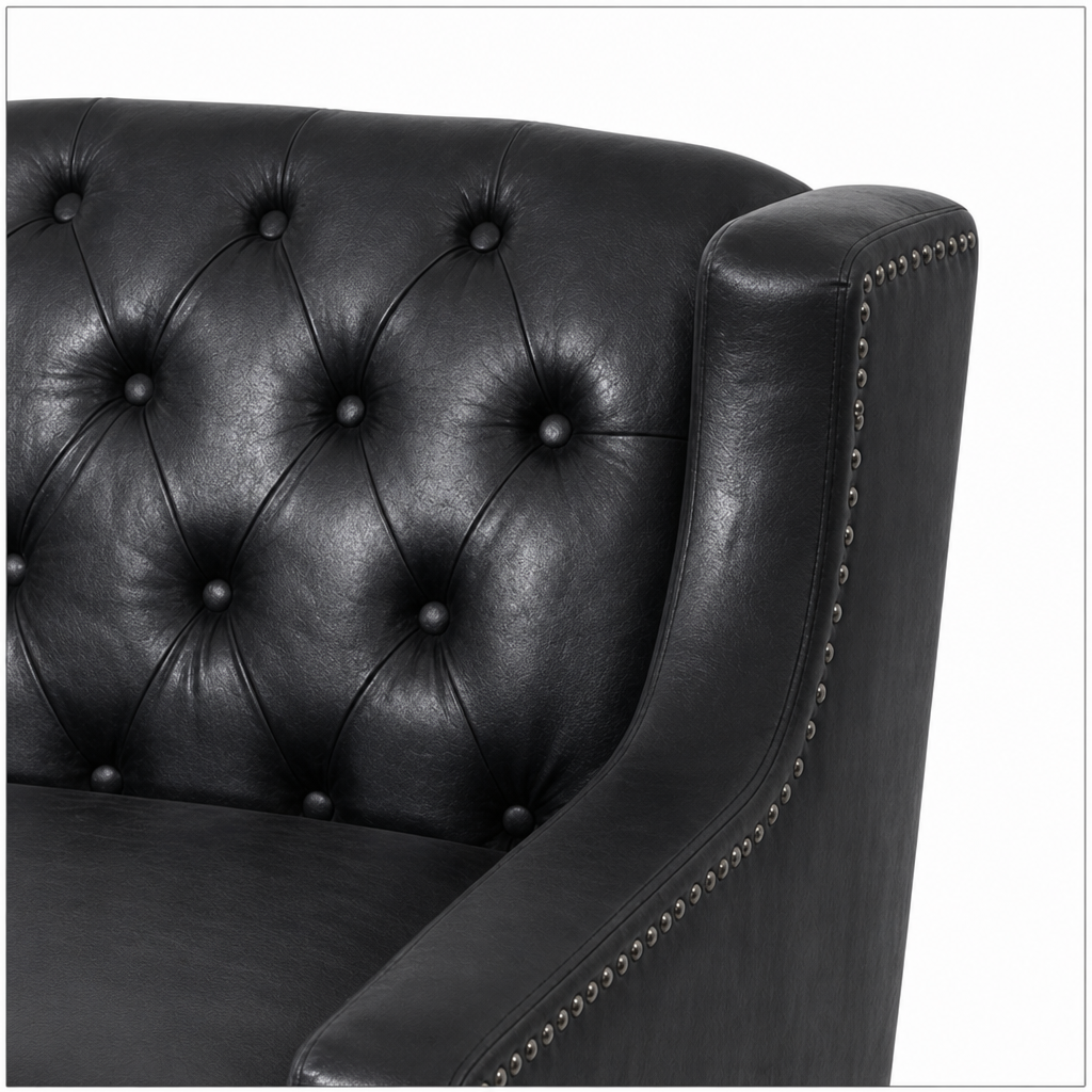 Black Faux PU Leather Accent Chair, Mid-Century Tufted Armchair with Nailhead Trim, Equipped with High Resilience Sponge Cushion & Solid Wood Legs, Comfortable Single Sofa for Living Room, Bedroom