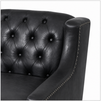 Black Faux PU Leather Accent Chair, Mid-Century Tufted Armchair with Nailhead Trim, Equipped with High Resilience Sponge Cushion & Solid Wood Legs, Comfortable Single Sofa for Living Room, Bedroom