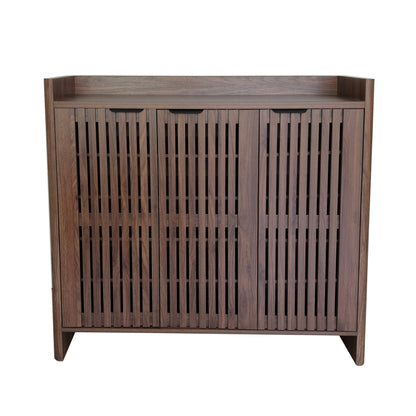 Walnut Entryway Shoe Storage Cabinet with Slatted Doors, Modern Wooden Hallway Console Table with Top Display Shelf, Mid-Century Accent Chest for Foyer, Living Room, and Mudroom Organization